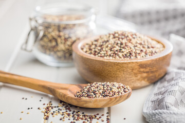 Mixed uncooked quinoa seeds on wooden spoon on white table.
