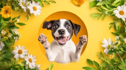 Playful Puppy in Spring Bloom - Joyful puppy portrait, vibrant floral background, springtime cheer, playful energy, happy dog.