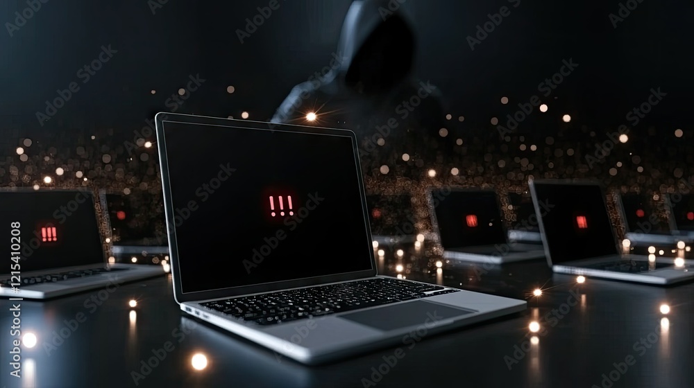 Poster multiple laptops illuminated in dark environment with warning symbols, suggesting a cybersecurity th