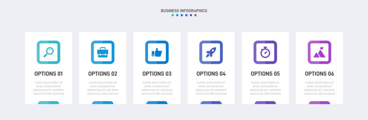 Obraz premium Horizontal progress bar featuring 6 arrow-shaped elements, symbolizing the six stages of business strategy and progression. Clean timeline infographic design template. Vector for presentation