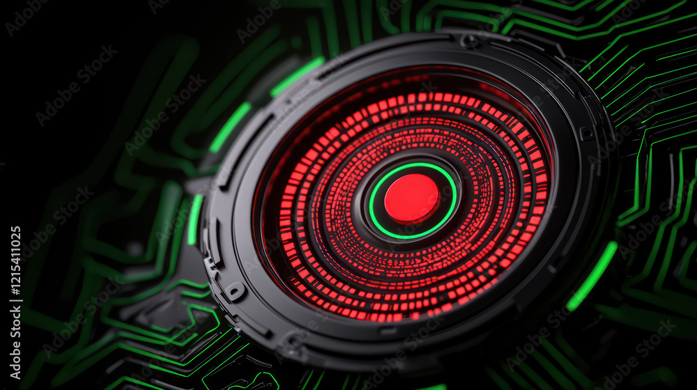 Poster high tech circular design with red and green elements on circuit background