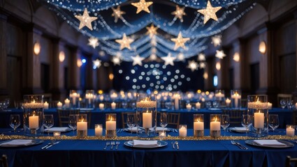 Fototapeta premium Magical banquet hall with stars and fairy lights for elegant celebrations.