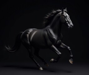 Fototapeta premium Galloping Black Horse in Dark Interior Background. 3d render