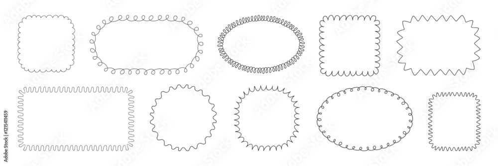 Poster set of doodle frames with whimsical borders. various outline shapes. hand drawn frame circle oval re