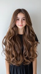 Naklejka premium Long, wavy hair of a girl with a warm smile poses against a neutral background, showcasing natural beauty and smooth locks in a soft, casual look