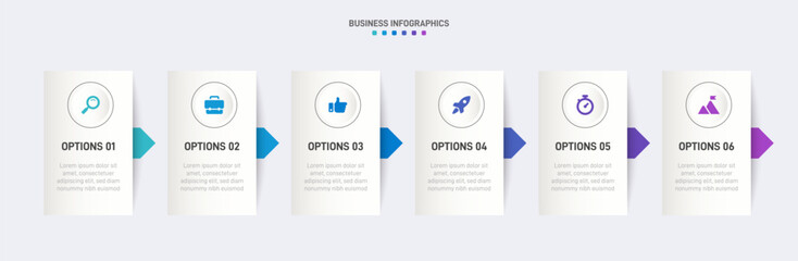Horizontal progress bar featuring 6 arrow-shaped elements, symbolizing the six stages of business strategy and progression. Clean timeline infographic design template. Vector for presentation