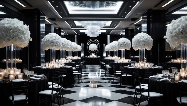Luxurious Black and White Banquet Hall with Floral Arrangements
