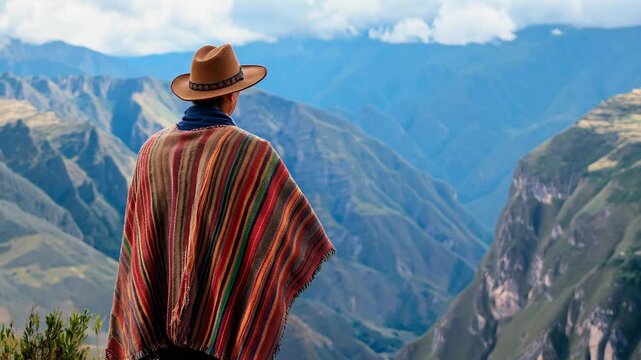 A man wearing a traditional colorful poncho gazes over breathtaking mountains as clouds drift by