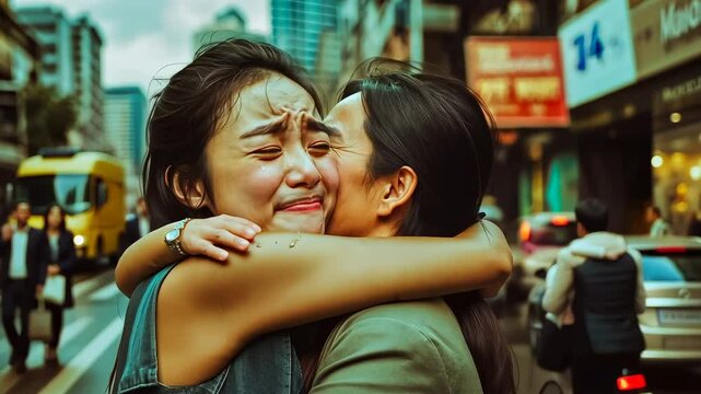 Young Asian women embracing bustling street.Friends share heartfelt hug city sounds.Emotional reunion urban setting,tearful and joyful.Sidewalk encounter enhances day.Moment warmth busy.