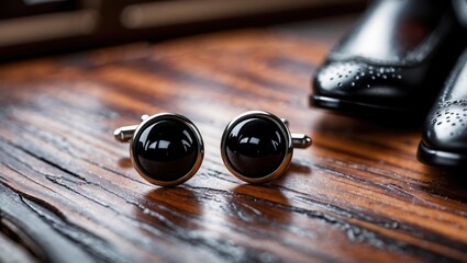 Obraz premium Elegant black cufflinks beside stylish shoes on polished wood