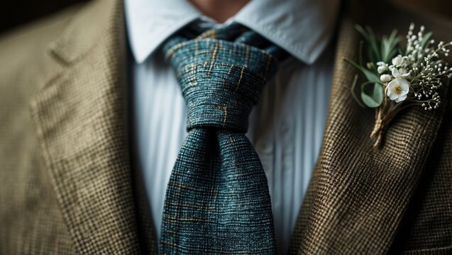 Textured Blue Tie with Brown Jacket Close-up