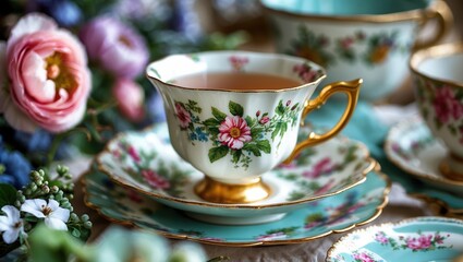 Fototapeta premium Vintage Porcelain Teacup Surrounded by Spring Blooms