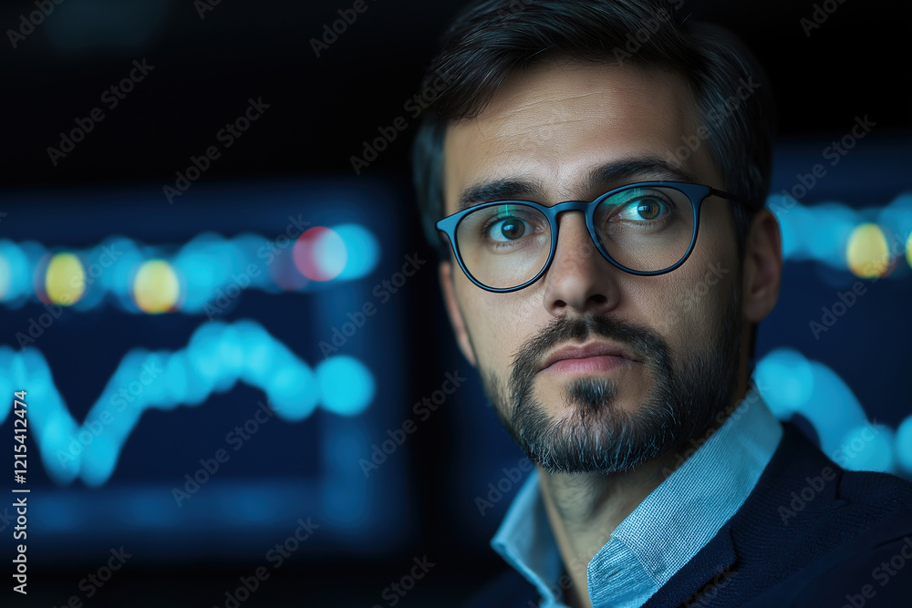 Poster professional man analyzing financial data in a modern office setting during evening hours