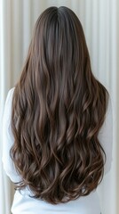 Naklejka premium Long wavy hair cascading down the back of a woman in a light sweater, highlighting texture and shine in a softly lit environment