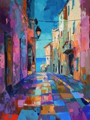 Fototapeta premium Colorful street view of a coastal village on a sunny day with bright blue sky and vibrant buildings