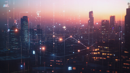 Fototapeta premium Smart digital Innovation city with connection network reciprocity over the twilight cityscape. of future smart wireless digital city and social media networking systems that connects people with city