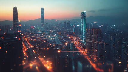 Fototapeta premium Smart digital Innovation city with connection network reciprocity over the twilight cityscape. of future smart wireless digital city and social media networking systems that connects people with city