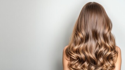 Fototapeta premium A woman with beautiful long, wavy hair cascading down her back stands gracefully against a soft, light gray background