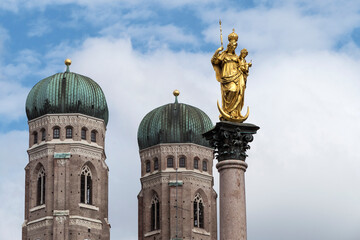 Marian column at Marienplatz, pedestrian zone in Munich, Bavaria, Germany