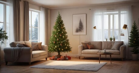 Evergreen spruce Christmas tree in a living room, spruce tree, indoor christmas, holiday home