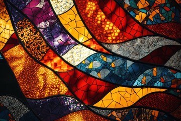 Colorful mosaic glass art, interior, sunlight, abstract waves, design