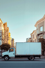 A white delivery truck driving down a city street