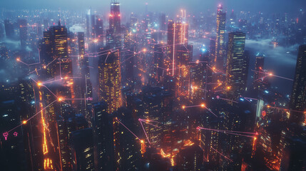 Smart digital Innovation city with connection network reciprocity over the twilight cityscape. of future smart wireless digital city and social media networking systems that connects people with city