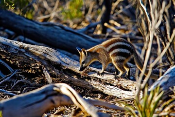 A numbat foraging for termites among fallen logs in a dry eucalyptus forest, its striped coat blending with the bark