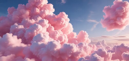 Fototapeta premium Fluffy pink clouds in the sky with cotton candy texture , cloud formations, sweet, dreamy