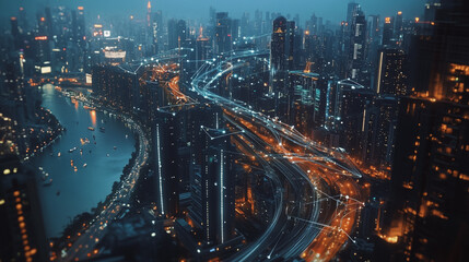 Obraz premium Smart digital Innovation city with connection network reciprocity over the twilight cityscape. of future smart wireless digital city and social media networking systems that connects people with city