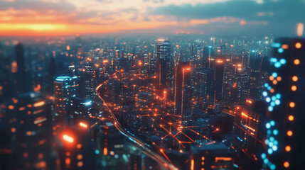 Fototapeta premium Smart digital Innovation city with connection network reciprocity over the twilight cityscape. of future smart wireless digital city and social media networking systems that connects people with city