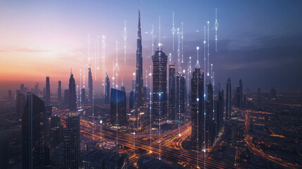 Fototapeta premium Smart digital Innovation city with connection network reciprocity over the twilight cityscape. of future smart wireless digital city and social media networking systems that connects people with city