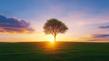 Obraz premium Sunset Serenity: Lone Tree in Field - A single tree stands silhouetted against a vibrant sunset over a tranquil field. Peaceful and serene landscape.