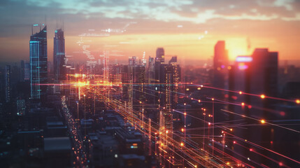 Fototapeta premium Smart digital Innovation city with connection network reciprocity over the twilight cityscape. of future smart wireless digital city and social media networking systems that connects people with city