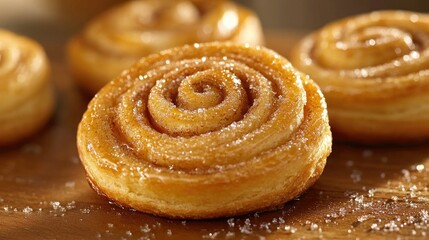 Fototapeta premium Indulge in the delightful experience of freshly baked cinnamon rolls, boasting a perfectly golden brown crust and a sweet sugar topping, elegantly presented on a rustic wooden board