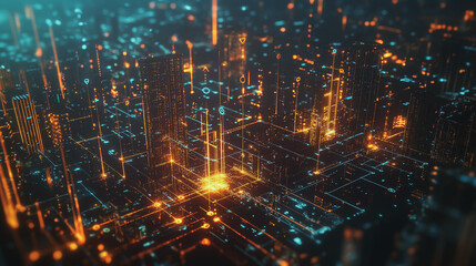 Fototapeta premium Smart digital Innovation city with connection network reciprocity over the twilight cityscape. of future smart wireless digital city and social media networking systems that connects people with city