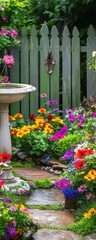 Colorful garden path, bird bath, fence, flowers