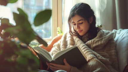 Happy woman wrapped in blanket reading book by window at home.