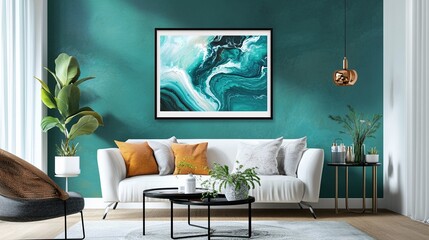 Modern Frame Mockup: ISO A Paper Artwork on Teal Living Room Wall with Minimalist Furniture and Natural Lighting