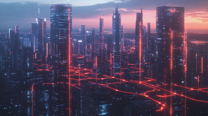 Fototapeta premium Smart digital Innovation city with connection network reciprocity over the twilight cityscape. of future smart wireless digital city and social media networking systems that connects people with city