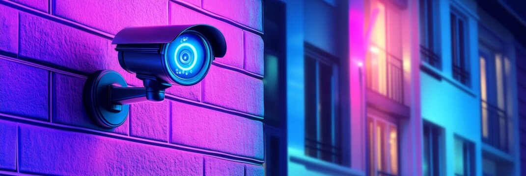 Night Surveillance Camera on Brick Building - Security camera on a vibrant purple brick wall at night, symbolizing safety, technology, urban life, observation, and privacy.