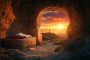 Easter morning dawns over the empty tomb symbolizing the resurrection of Jesus Christ in a serene landscape