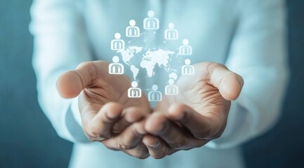 Executive Network Mastery: Manager Holding Glowing Human Icons,光る人間アイコンを持つマネージャーによるエグゼクティブネットワークの熟達.Generative AI