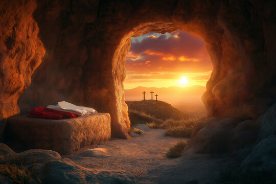 Easter morning dawns over the empty tomb symbolizing the resurrection of Jesus Christ in a serene landscape
