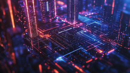 Obraz premium Smart digital Innovation city with connection network reciprocity over the twilight cityscape. of future smart wireless digital city and social media networking systems that connects people with city