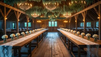Obraz premium Charming Rustic Wedding Venue with Floral Decor and Soft Lighting