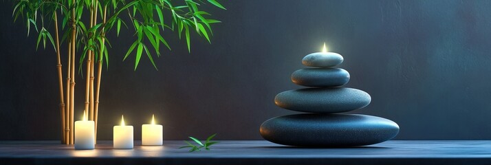 Serene Spa Stones and Candles - Tranquil image of stacked stones, lit candles, and bamboo, perfect for wellness, spa, or meditation themes.