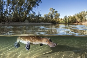 Fototapeta premium A playful platypus swimming in a clear freshwater creek, ripples forming around its sleek body. 