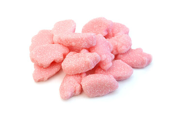 Gummy pigs shaped cutter, isolated in glass bowl on white background