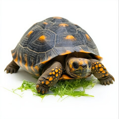 Obraz premium Red-footed tortoise on white background, eating greens.